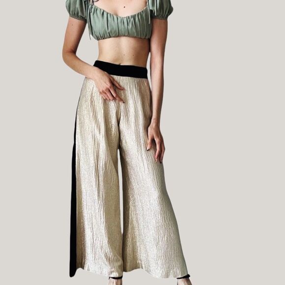 Metallic Wide Leg Flared Pants Black Velvet Stripe Gold High Rise Trousers